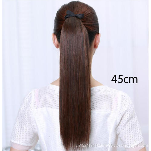 black straight drawstring ponytail hair piece, clip in long straight ponytail hair extension